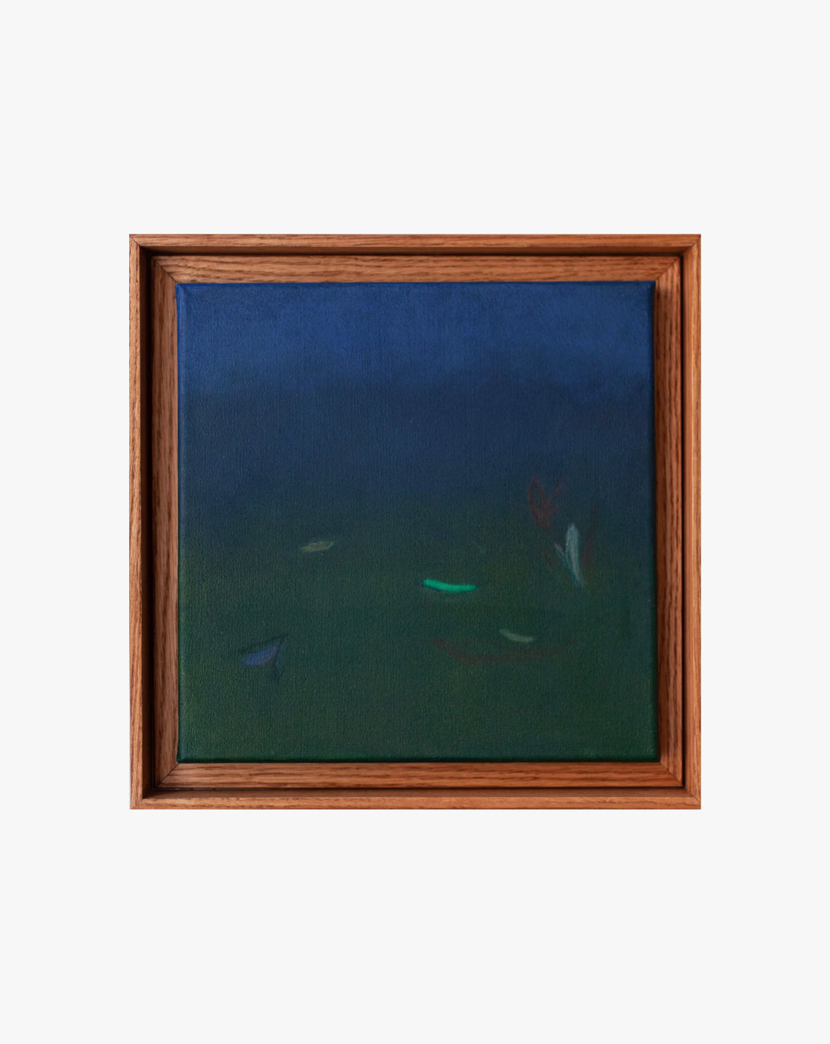 A framed-in-oak painting depicting a dark underwater scene with subtle images of fish swimming, set against a deep blue and green gradient background by Rebecca von Matérn's Ponds and Breezes