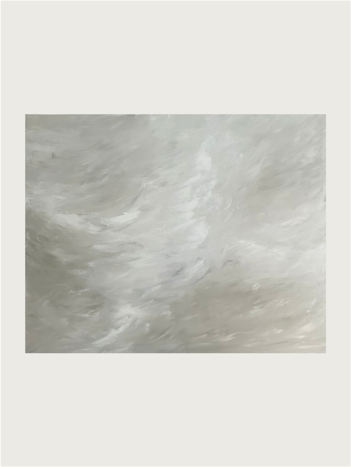 The "Whispering Breeze" painting by Mattias Storm features abstract, swirling brushstrokes in gray and white on canvas, creating a cloud-like texture and a soft, dreamlike quality with fluid transitions between colors.