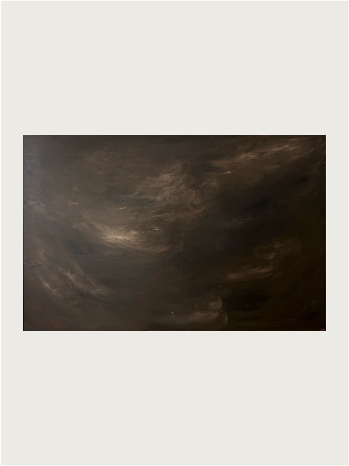 Introducing the "Veil of Shadows" painting by Mattias Storm. This rectangular artwork features swirling dark brown and black hues that resemble a stormy sky, creating an abstract design with a sense of movement and depth. Enhanced by subtle highlights and texture, it is encased in a walnut frame that captivates viewers with its enigmatic allure.
