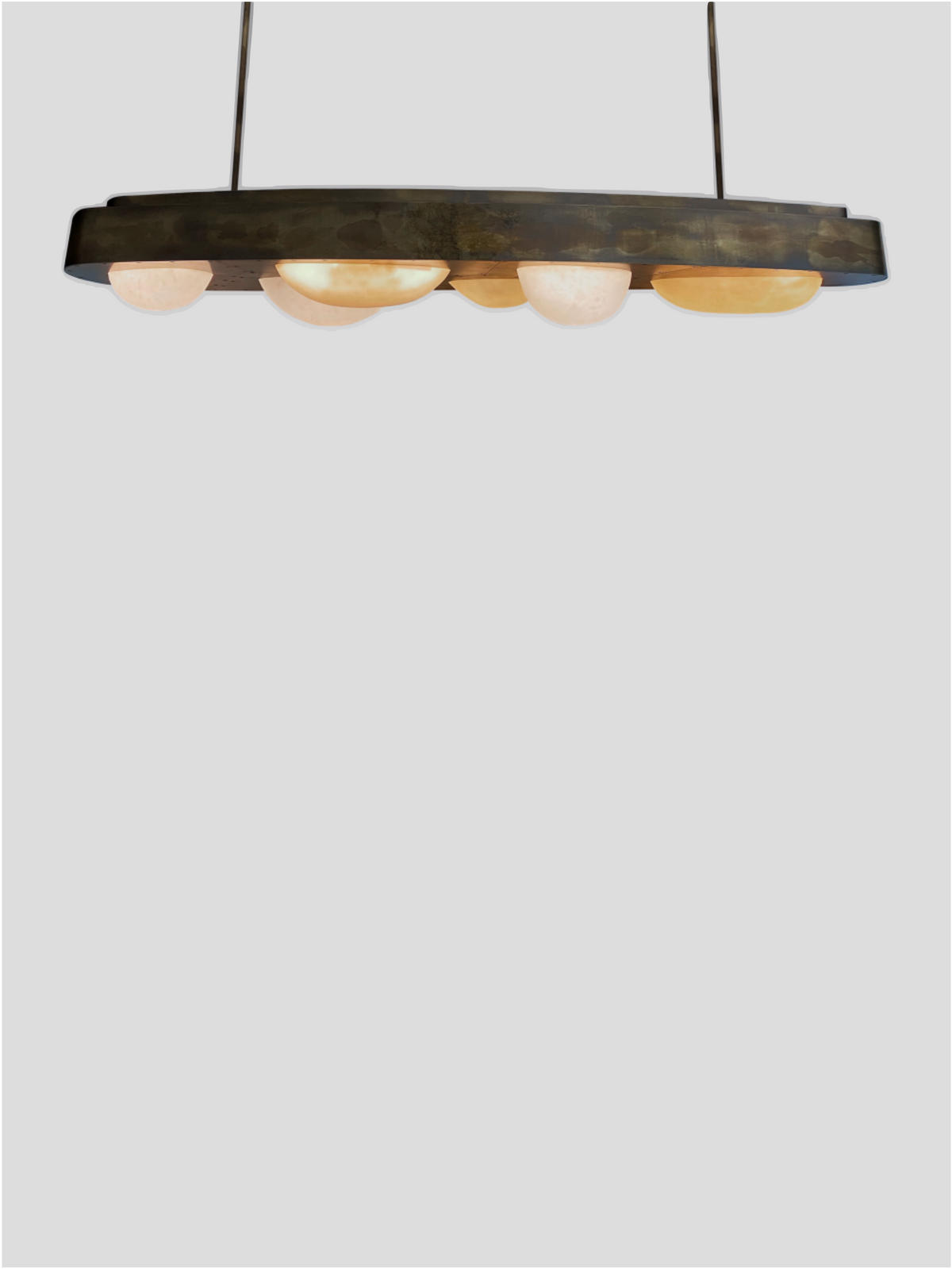 Bubbles Curved chandelier with five glass shades on dark wood beam