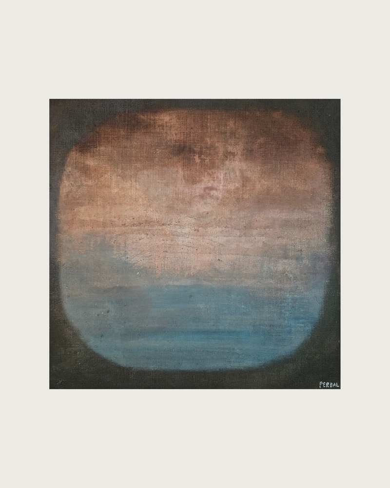 Abstract canvas painting Through the Window by Vincent Perbal, warm earth tones and blue