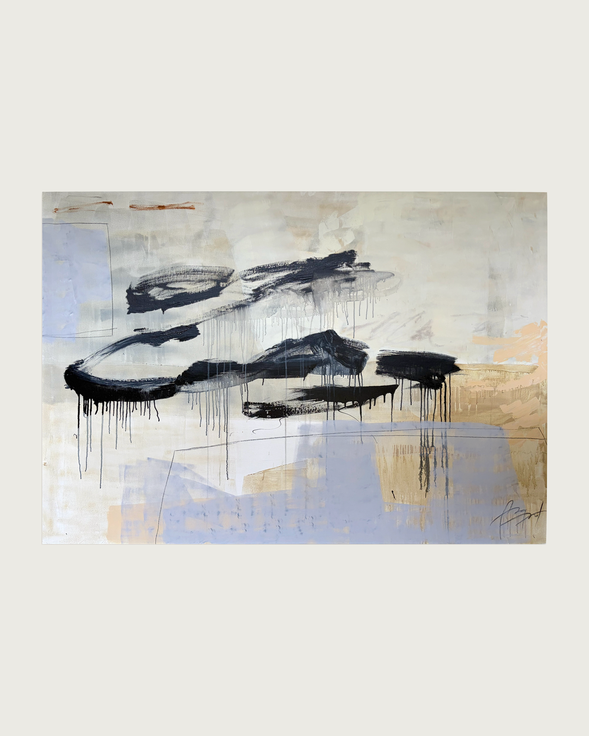 En efecto abstract painting by Paula Piquet, black brushstrokes on neutral tones