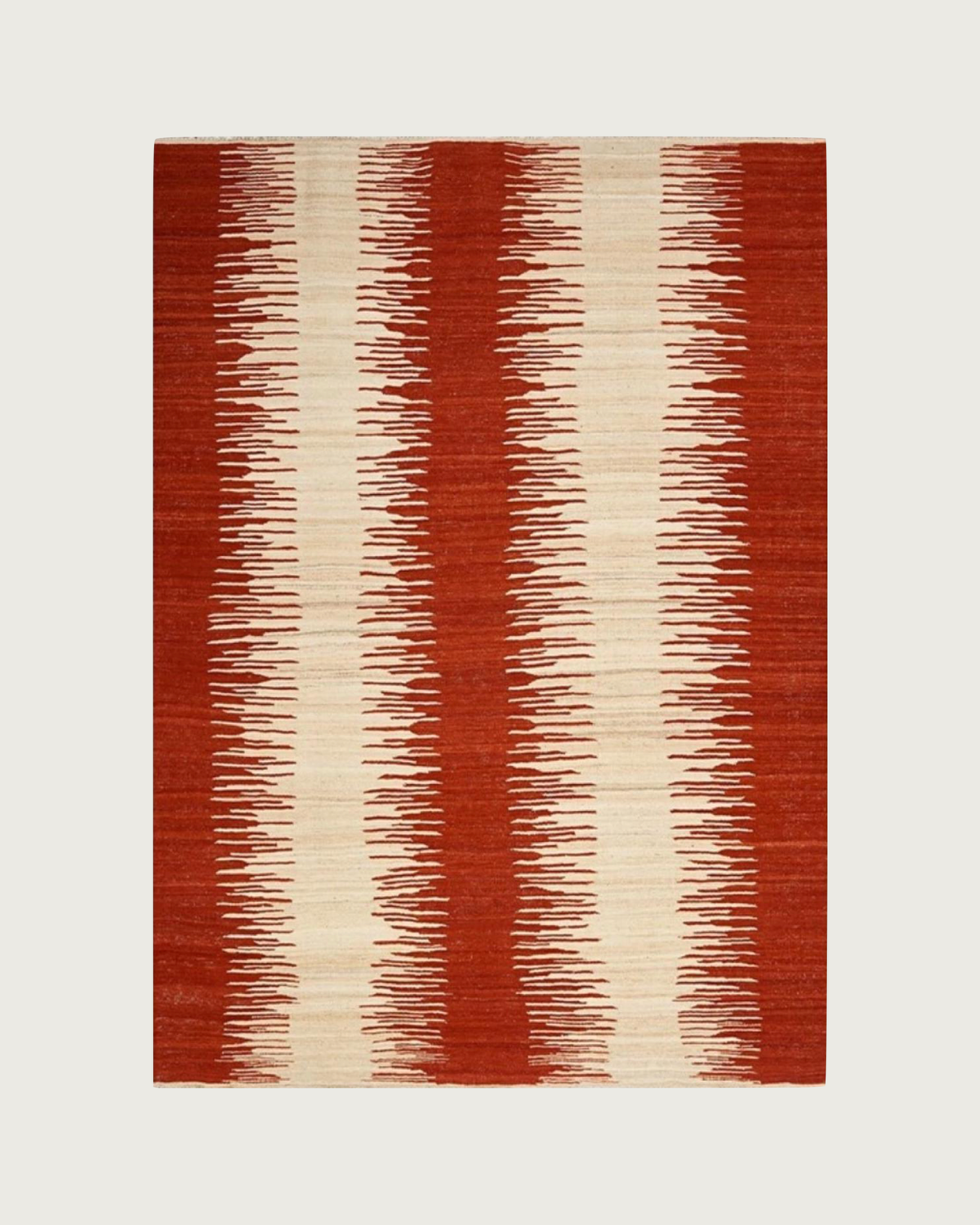 Anar Red handwoven kilim rug with ivory flame stripe pattern