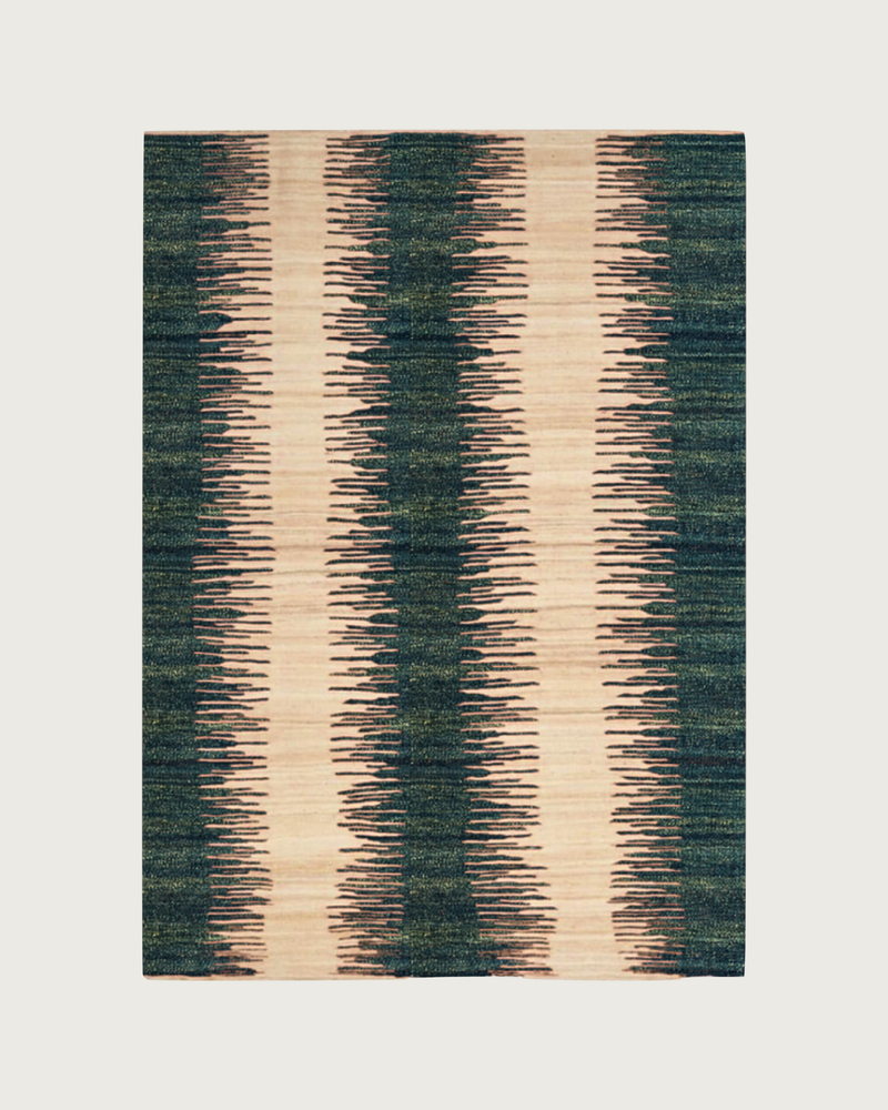 Anar Green handwoven kilim rug with teal ikat stripe pattern