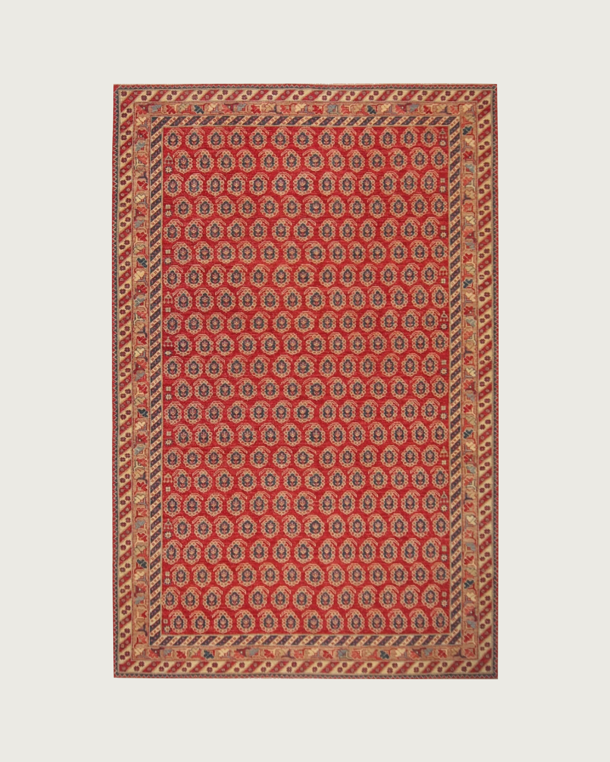 Red boteh hand-knotted wool rug with allover paisley pattern