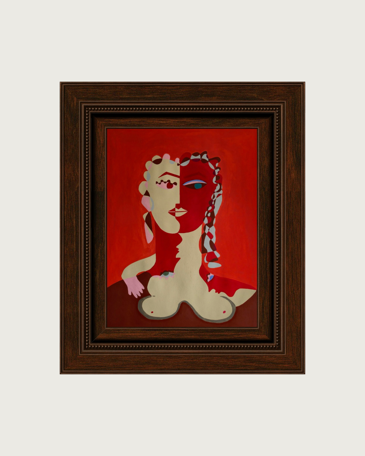 Abstract cubist painting in red tones depicting a female figure by Ivânia