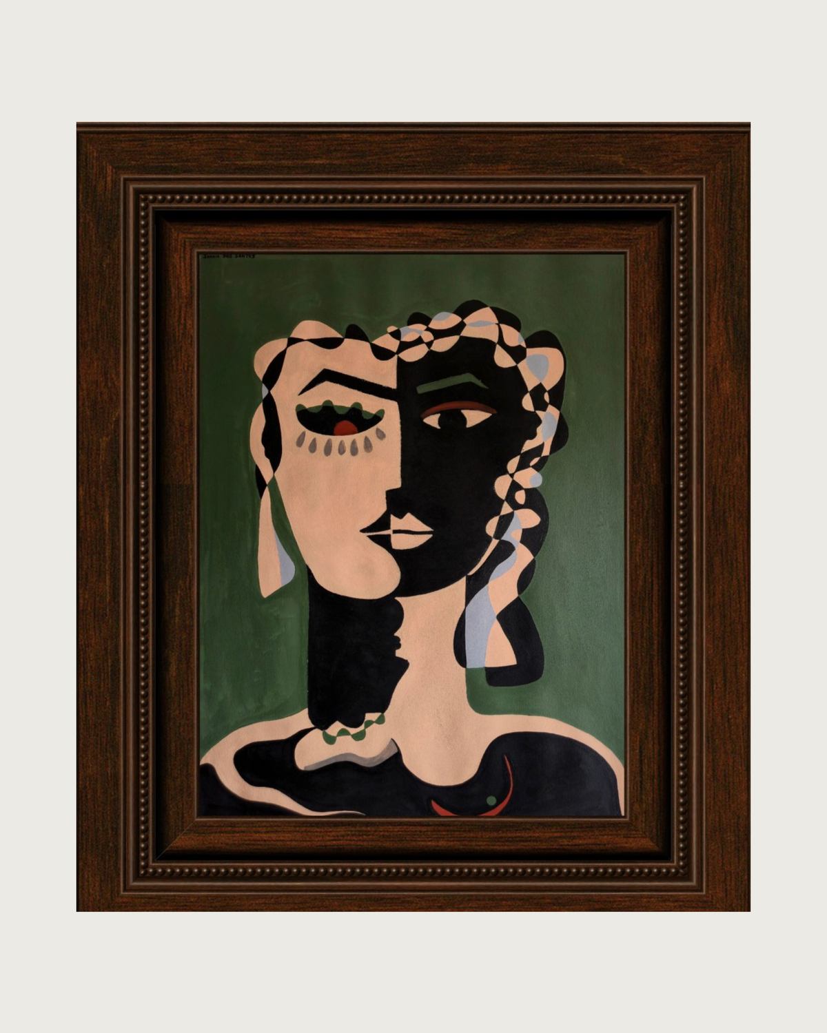 Cubist portrait painting La Beauté by Ivânia, green background