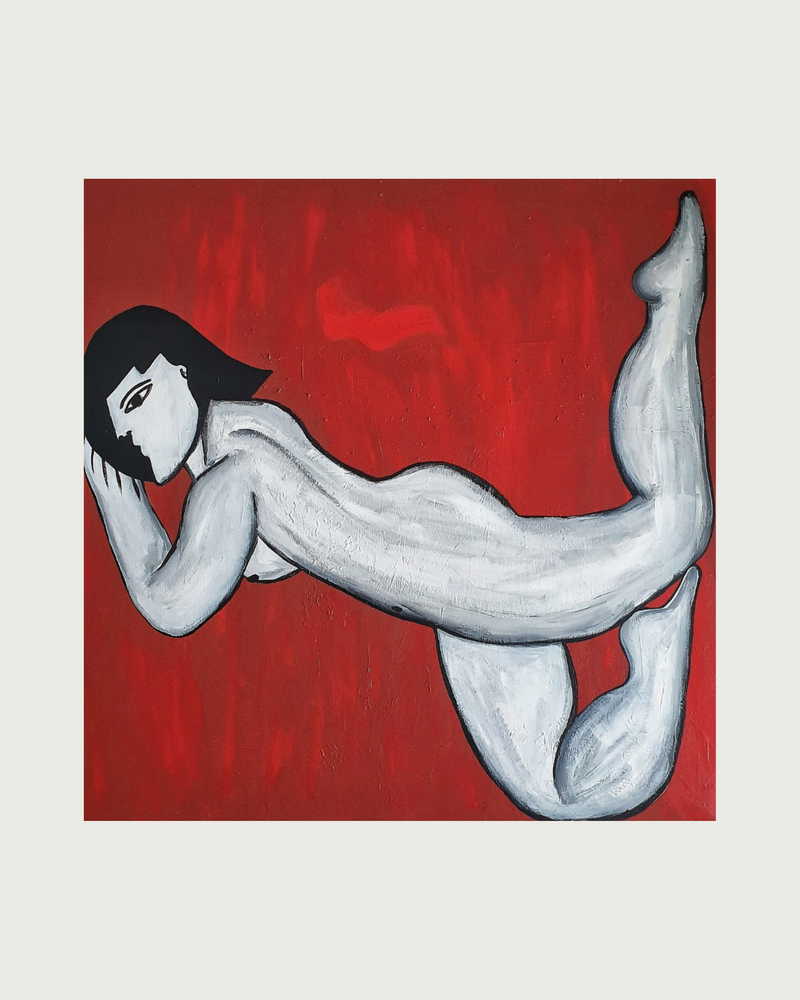 Figurative painting nude woman red background by Ivânia