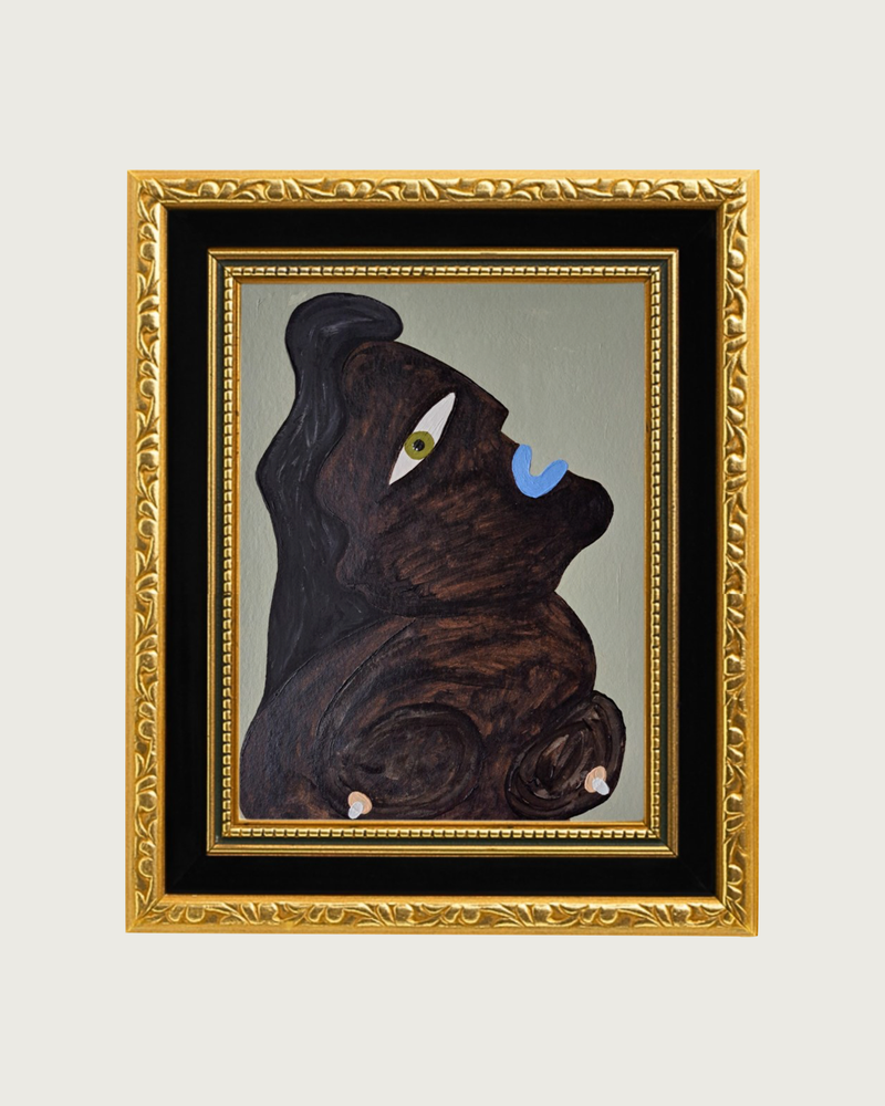 Libération Émotionnelle no. 2 abstract painting by Ivânia, dark textured figure with green eye and blue nose in gilt frame