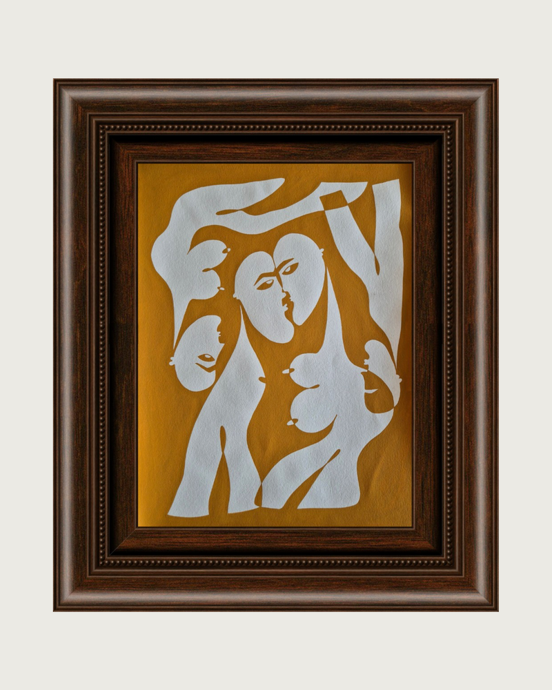 Abstract painting two figures kissing golden ochre background framed