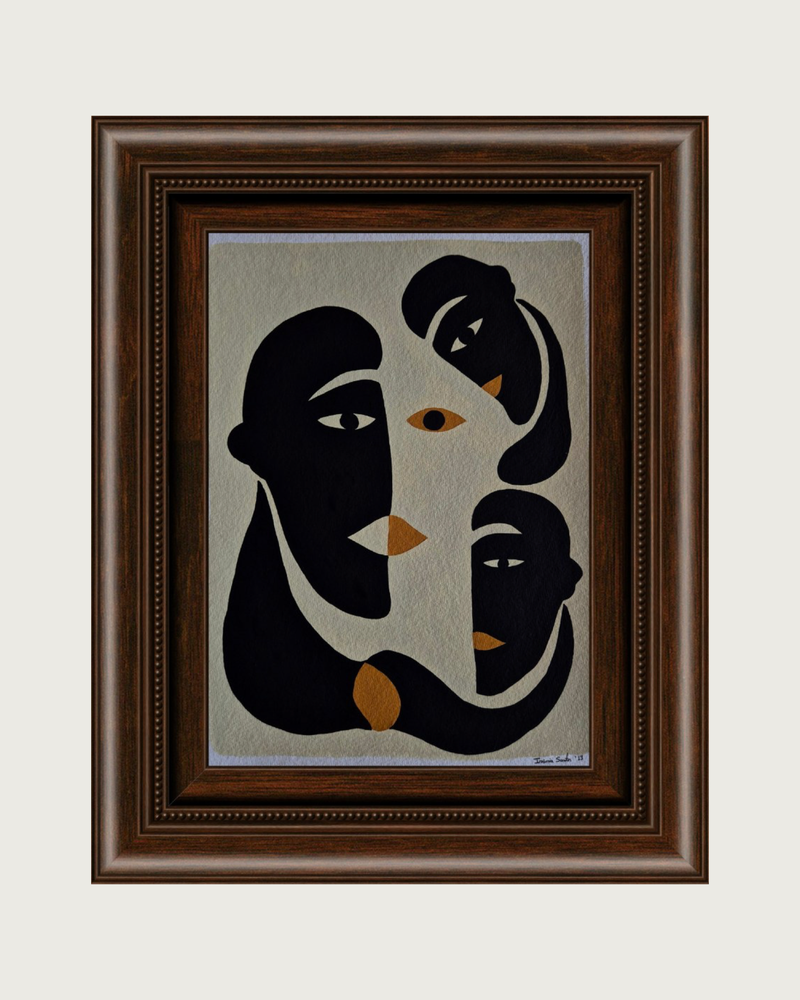 Abstract painting of three overlapping faces in black and gold by Ivânia