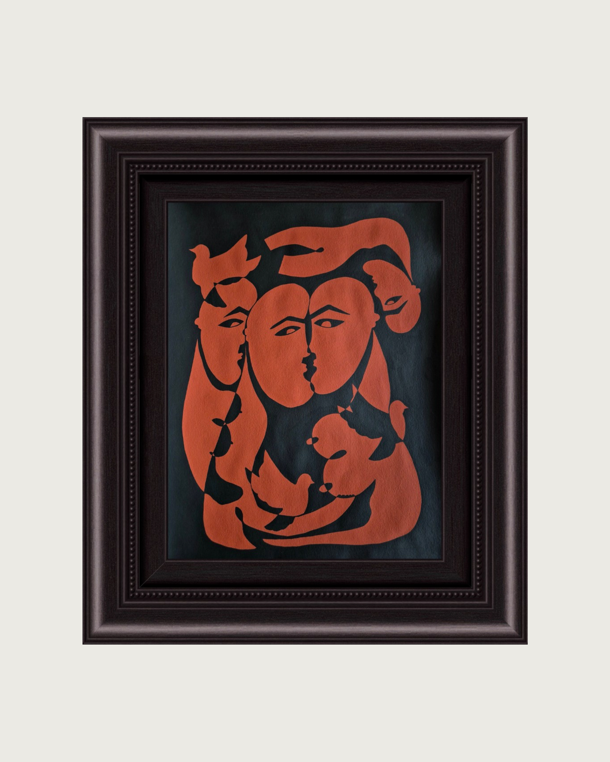 Abstract painting with terracotta figures and doves on dark background by Ivânia