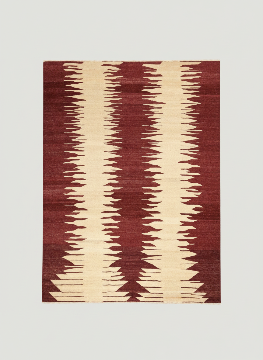 The ISHKAR Waves Kilim features jagged, vertical stripes in alternating colors of dark red and beige. Handwoven from raw wool kilim, the background is a neutral beige, contrasting with the vivid design of natural dyes.