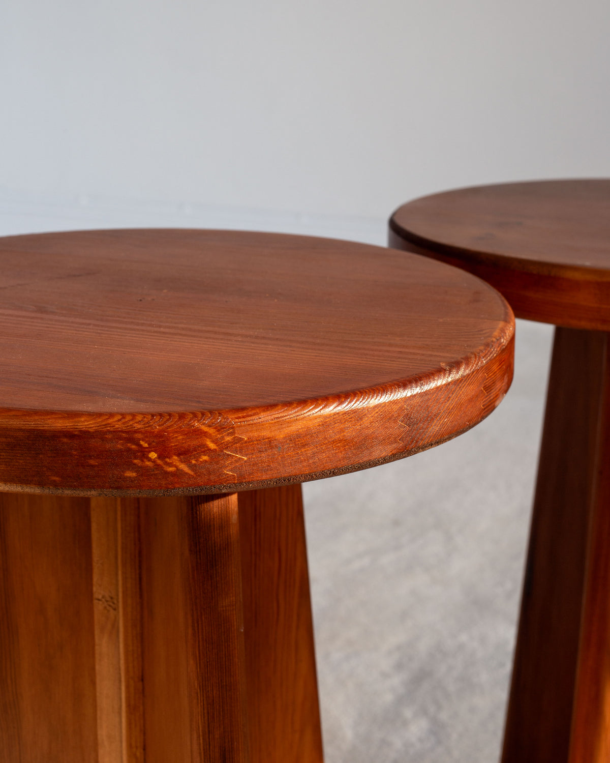 Close-up detail of vintage Swedish pine stool rounded edges