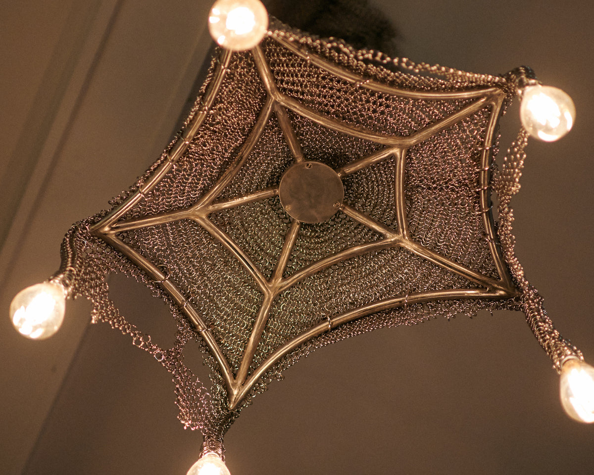 Chainmail Cobweb Chandelier - Pendant Light in Metal and Steel — top view showing metal web design