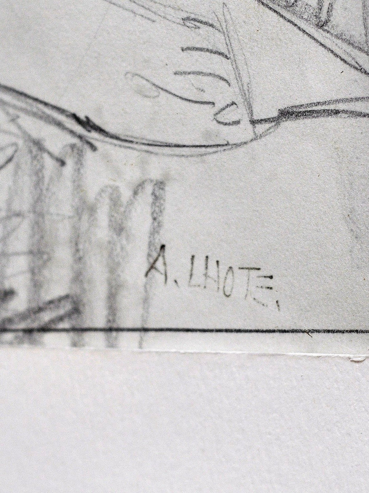 A close-up of the André Lhote (1885–1962) Drawing in Pencil by Introverso highlights textured shading and the artist's "A. Lhote" signature near the bottom edge.