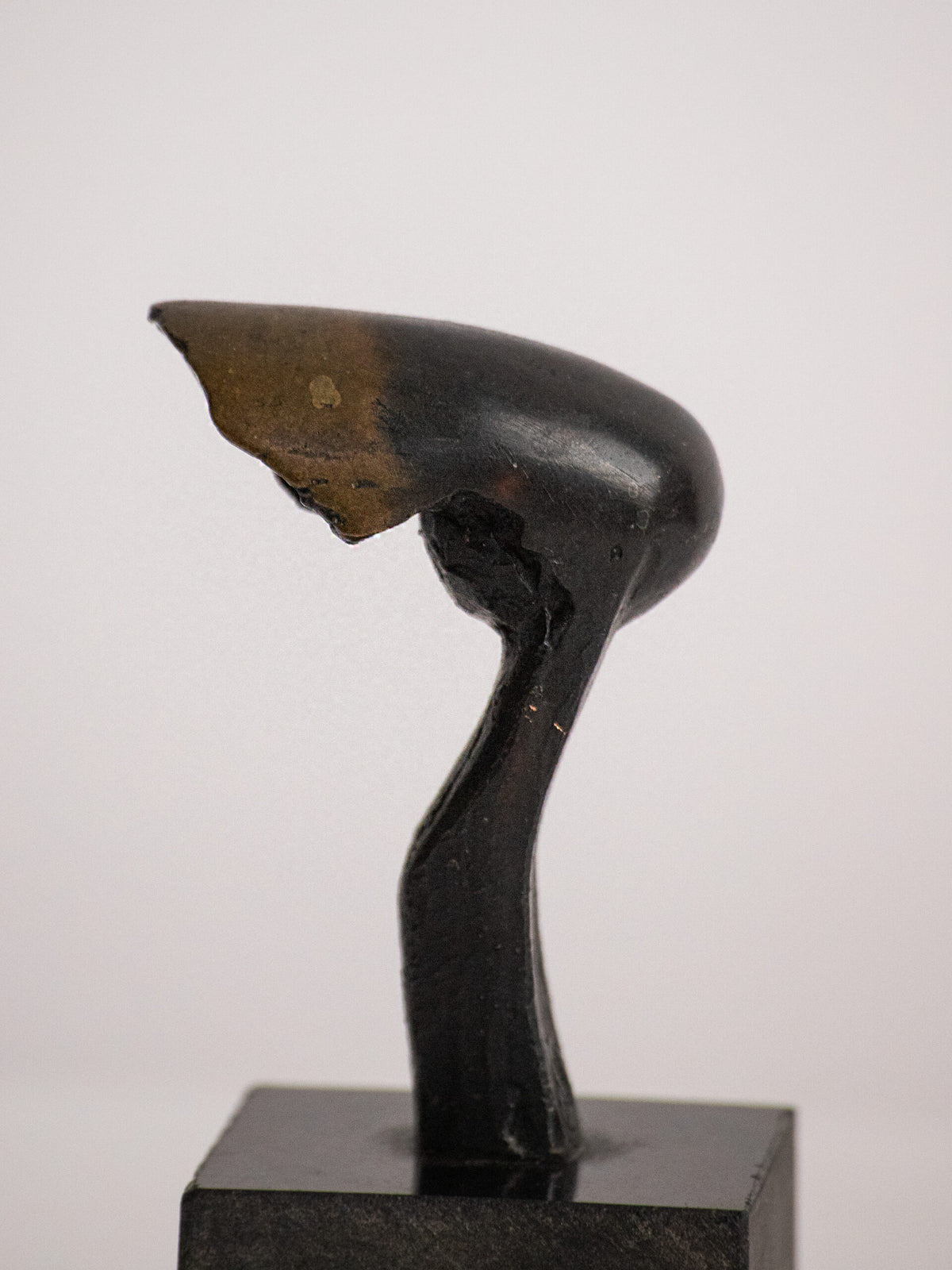 Biomorphic Sculpture in Patinated Metal on a Black Stone Cube, Scandinavian, Late 20th Century — close-up