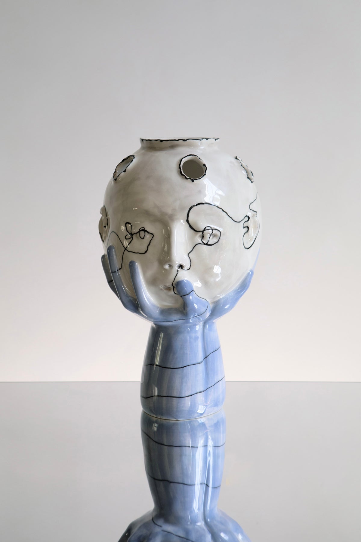 Head in Hands Hand Made Sculptural Ceramic Vase — detail view