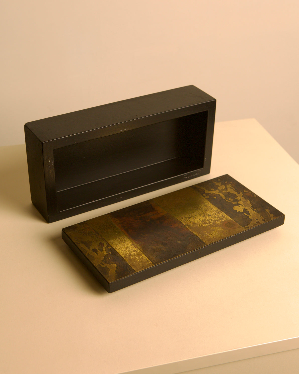 Black-stained wooden box with engraved brass lid by Jean Blazy, 1960s — side angle