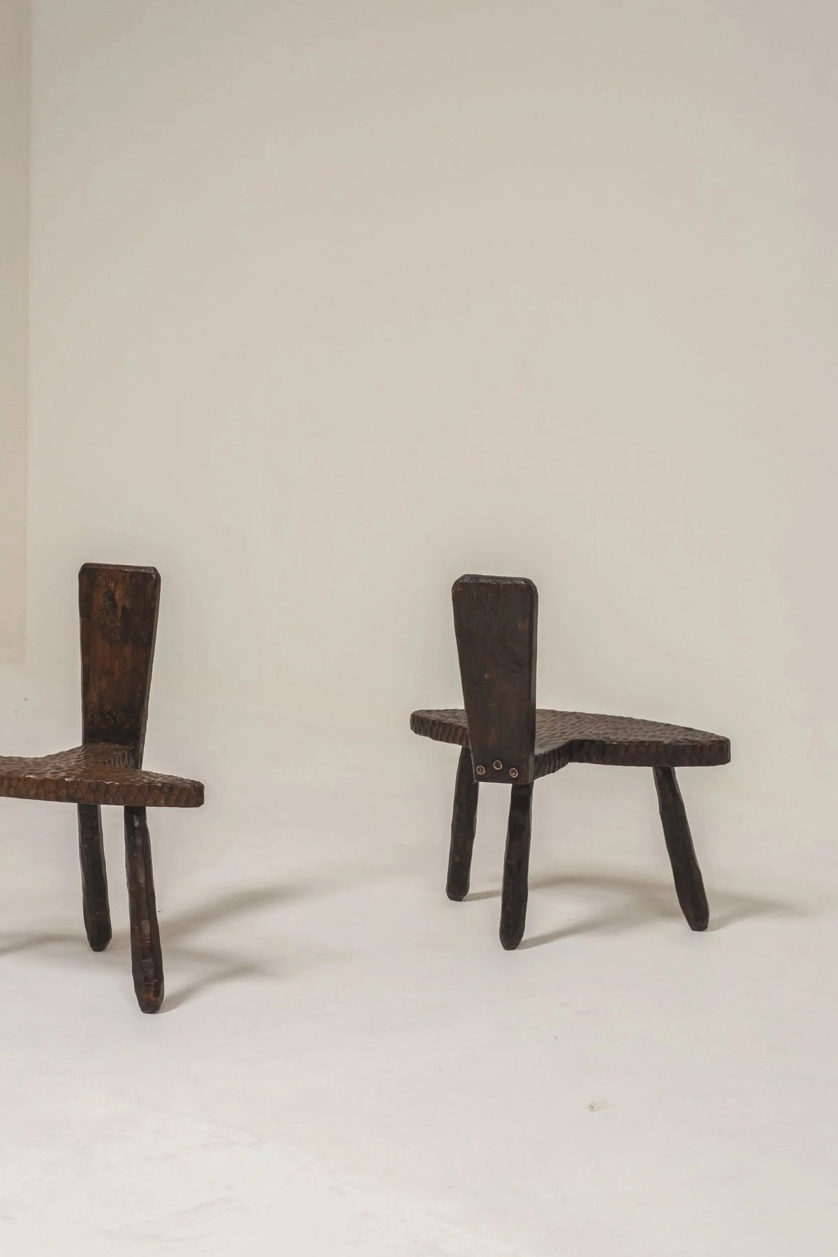 Pair of Hand-Carved Brutalist Wooden Chairs, France, 1950s — detail view