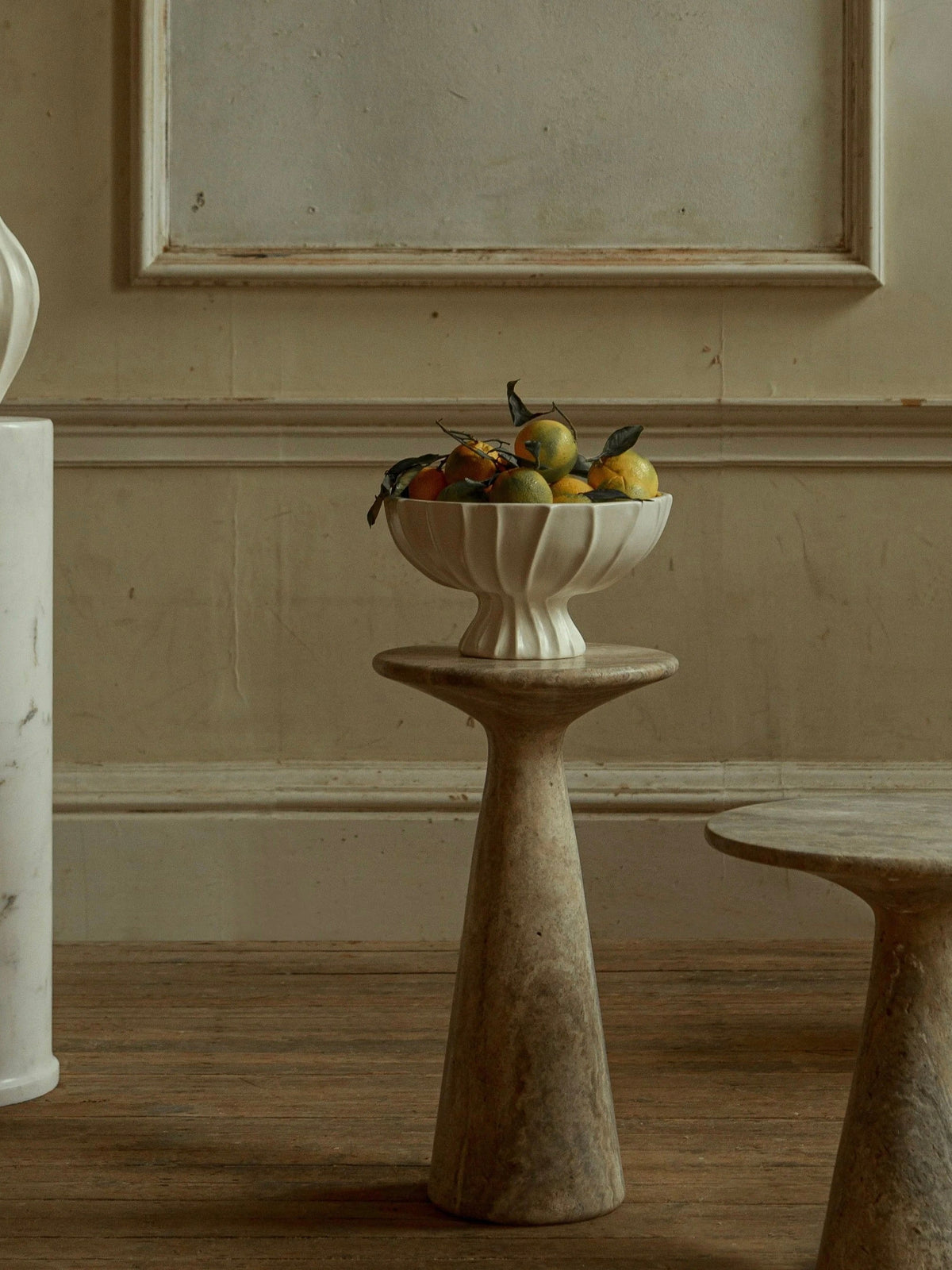 Juno Tall Travertine Side Table — detail view