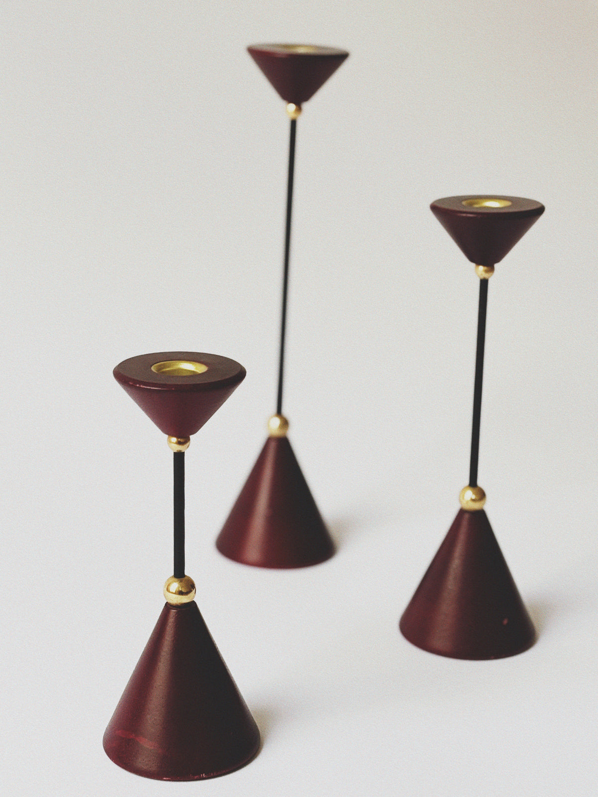 Set of Postmodern Candle Holders in Wood and Metal by Huerto | The Oblist — red wood and metal design