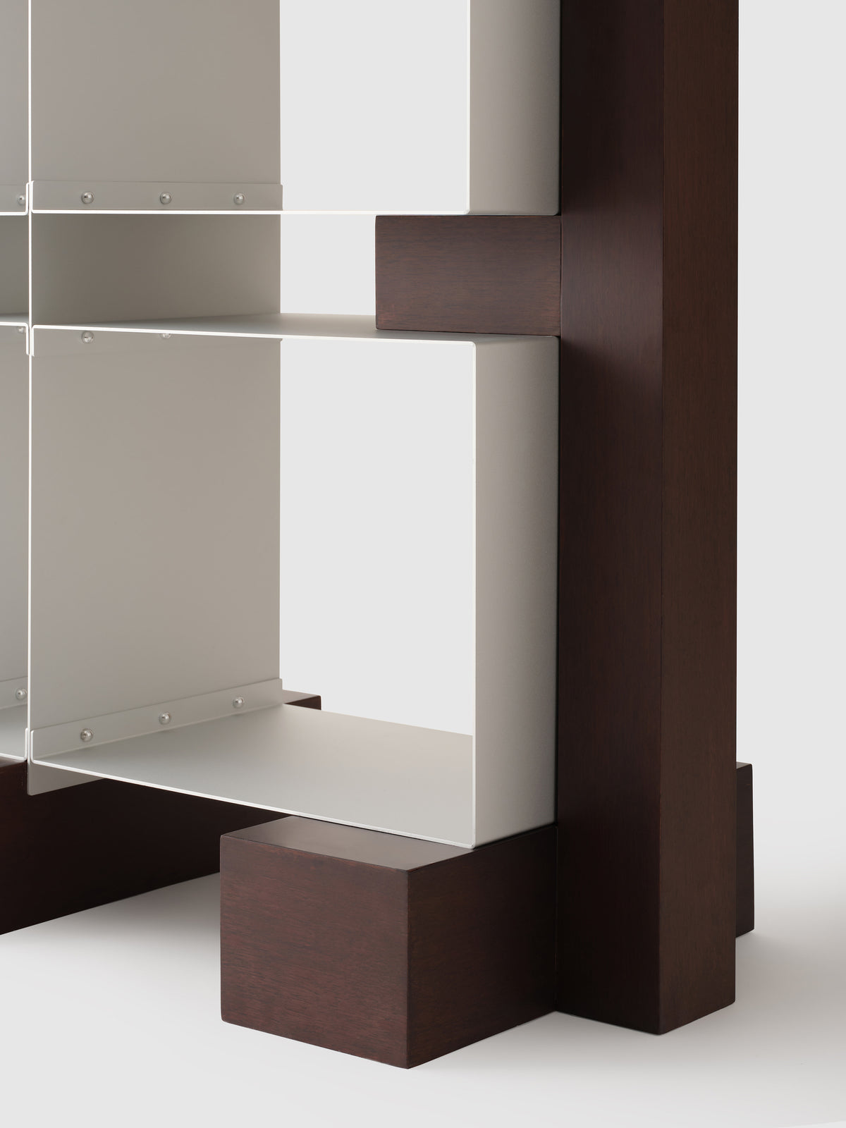 Modern modular shelf system with dark wood and clear acrylic components