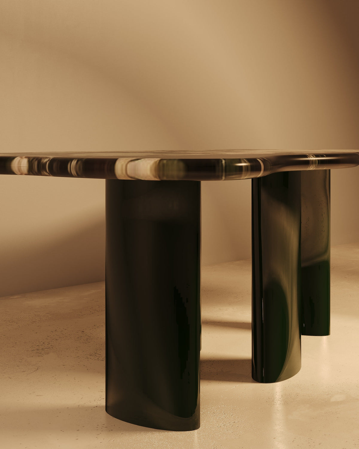 MOJE marble dining table detail showing curved cylindrical legs