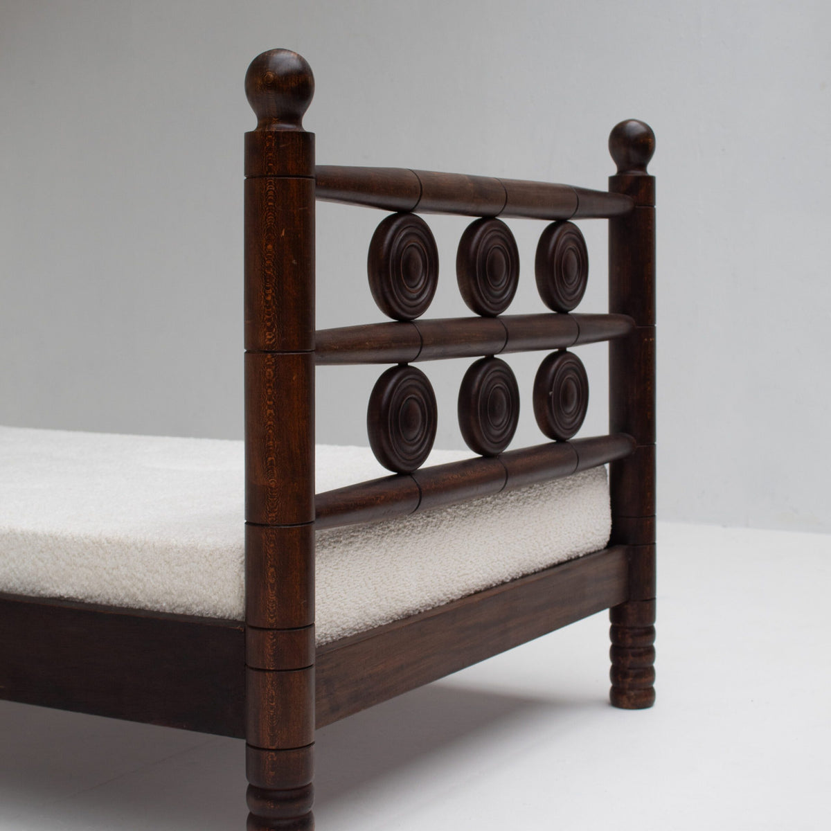 Mid-Century Wooden Bed with Sculptural Headboard — side angle