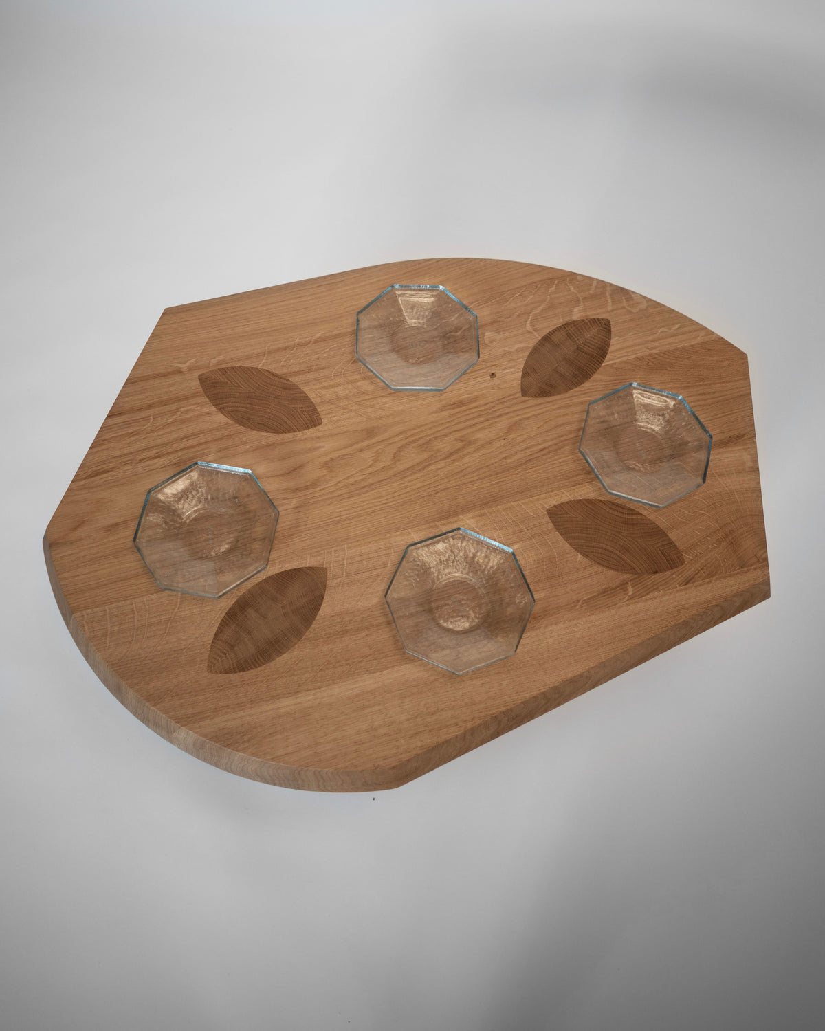 Gilbert Small Coffee Table - Oak — top view with glass bowls embedded