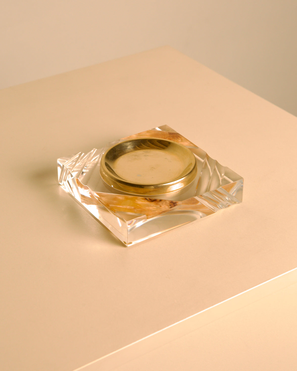 Italian Square Lucite and Brass Vide-Poche / Ashtray, 1970s — side angle