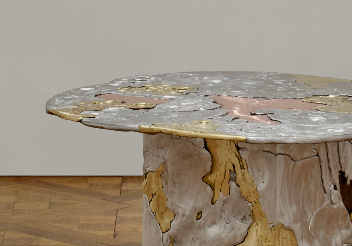 Elemental Patchwork' Coffee Table — side angle showing metallic surface details