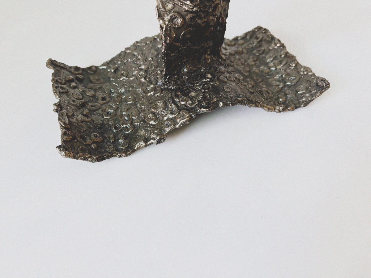 Molten Metal Sculptural 3 Arm Candlestick, Brutalist Poland — side angle of textured metal base