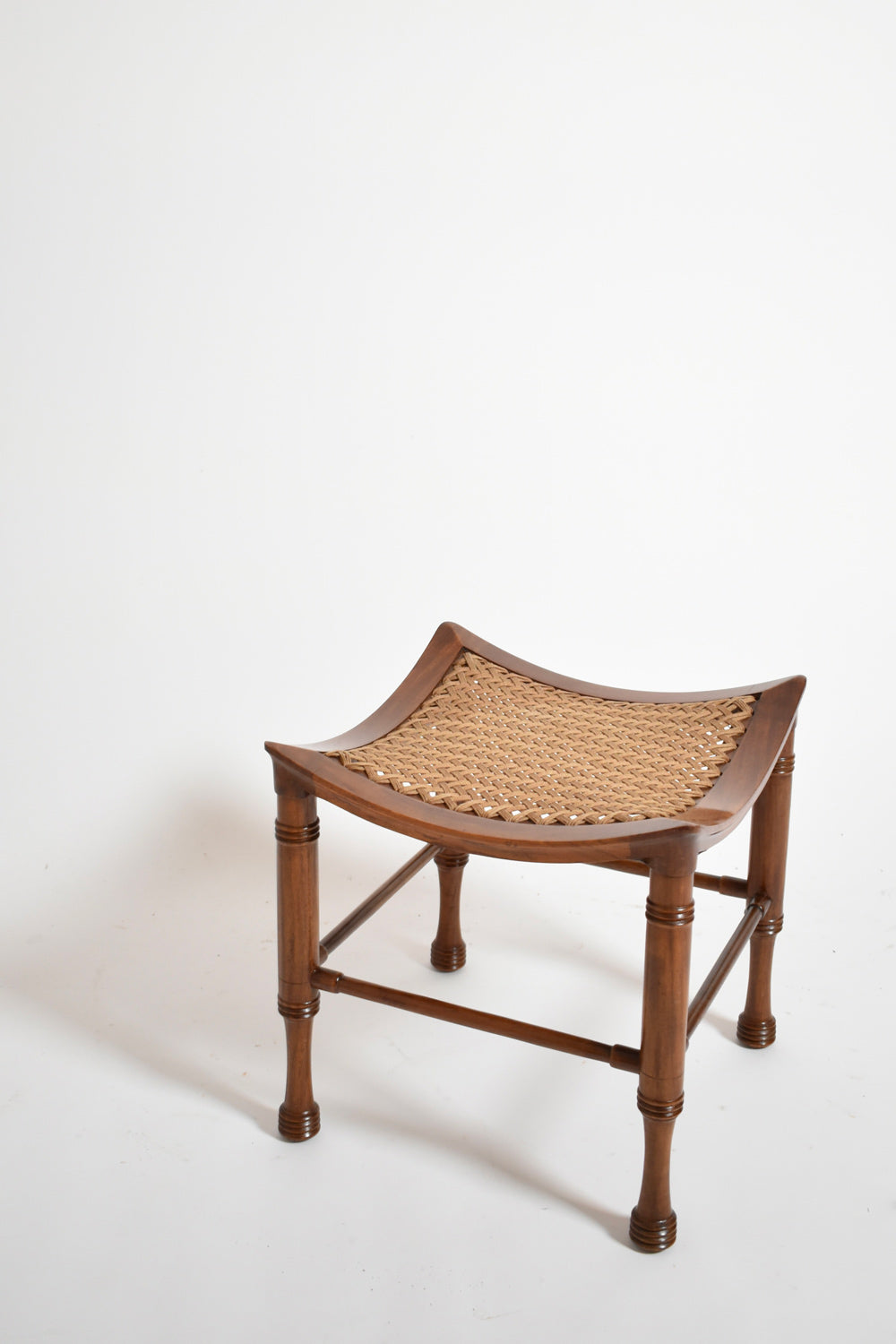 Thebes Arts & Crafts Wooden Stool, 1900s — angled view highlighting woven seat and wooden frame