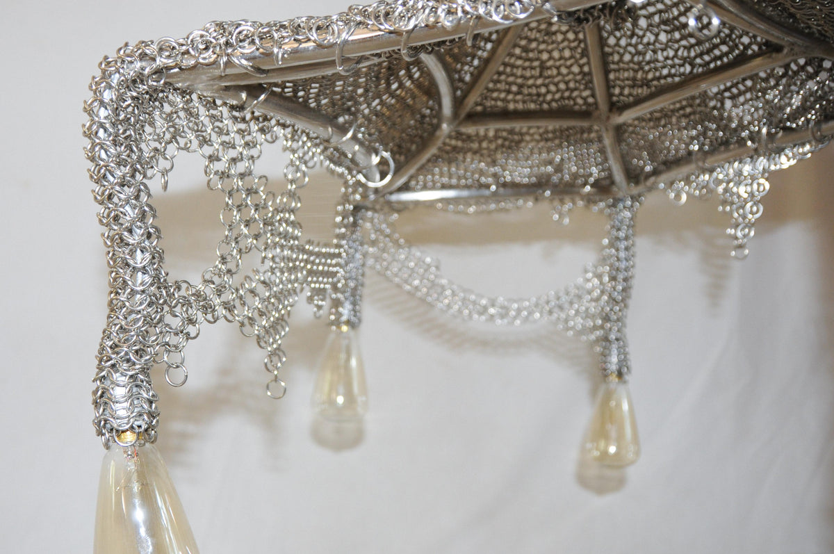 Chainmail Cobweb Chandelier - Pendant Light in Metal and Steel — close-up view of silver chainmail design