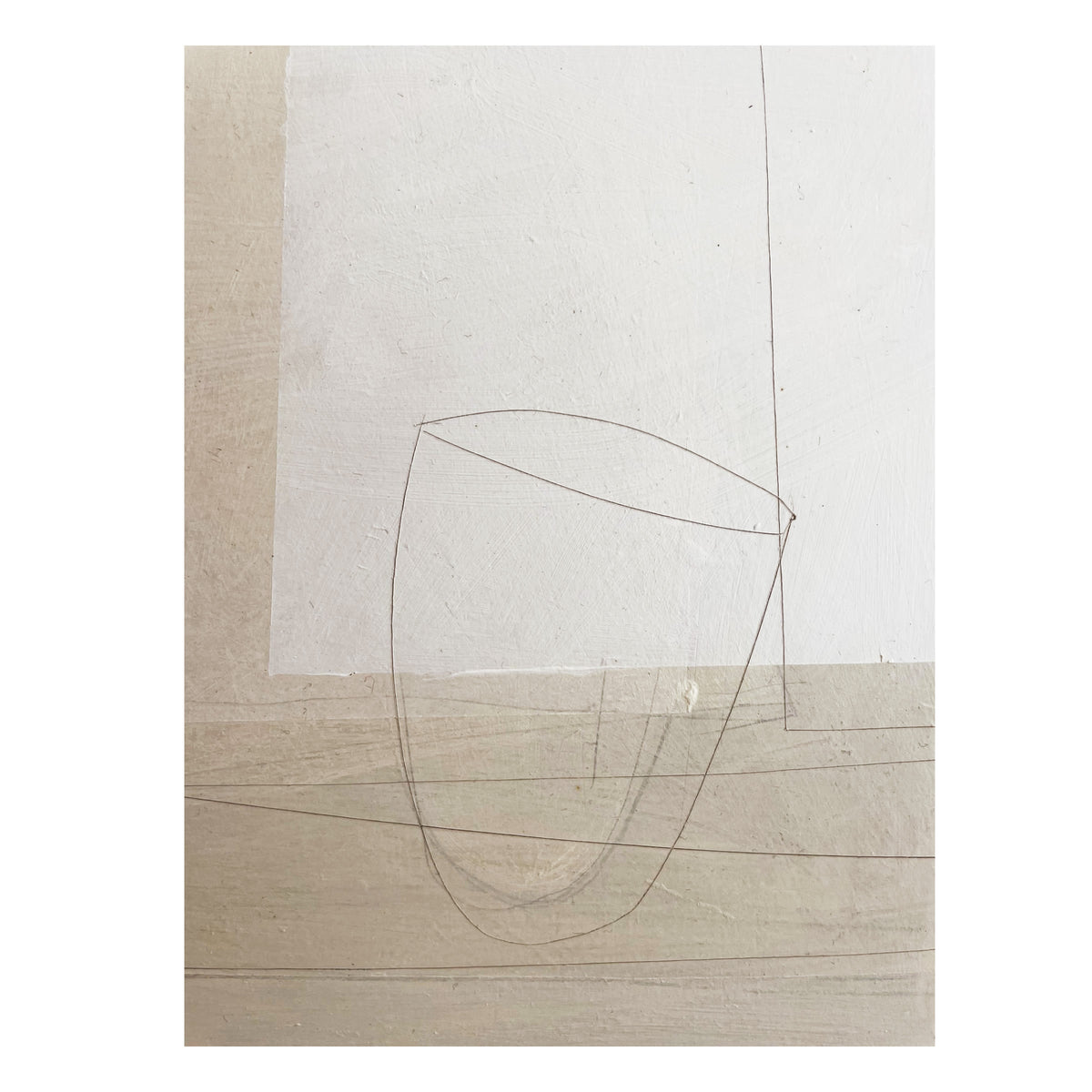 White Table Painting" by Lara Voce: a minimalist modernist artwork with faint outlines of a tilted cup on a textured beige and off-white background, accented by geometric lines and rectangles.
