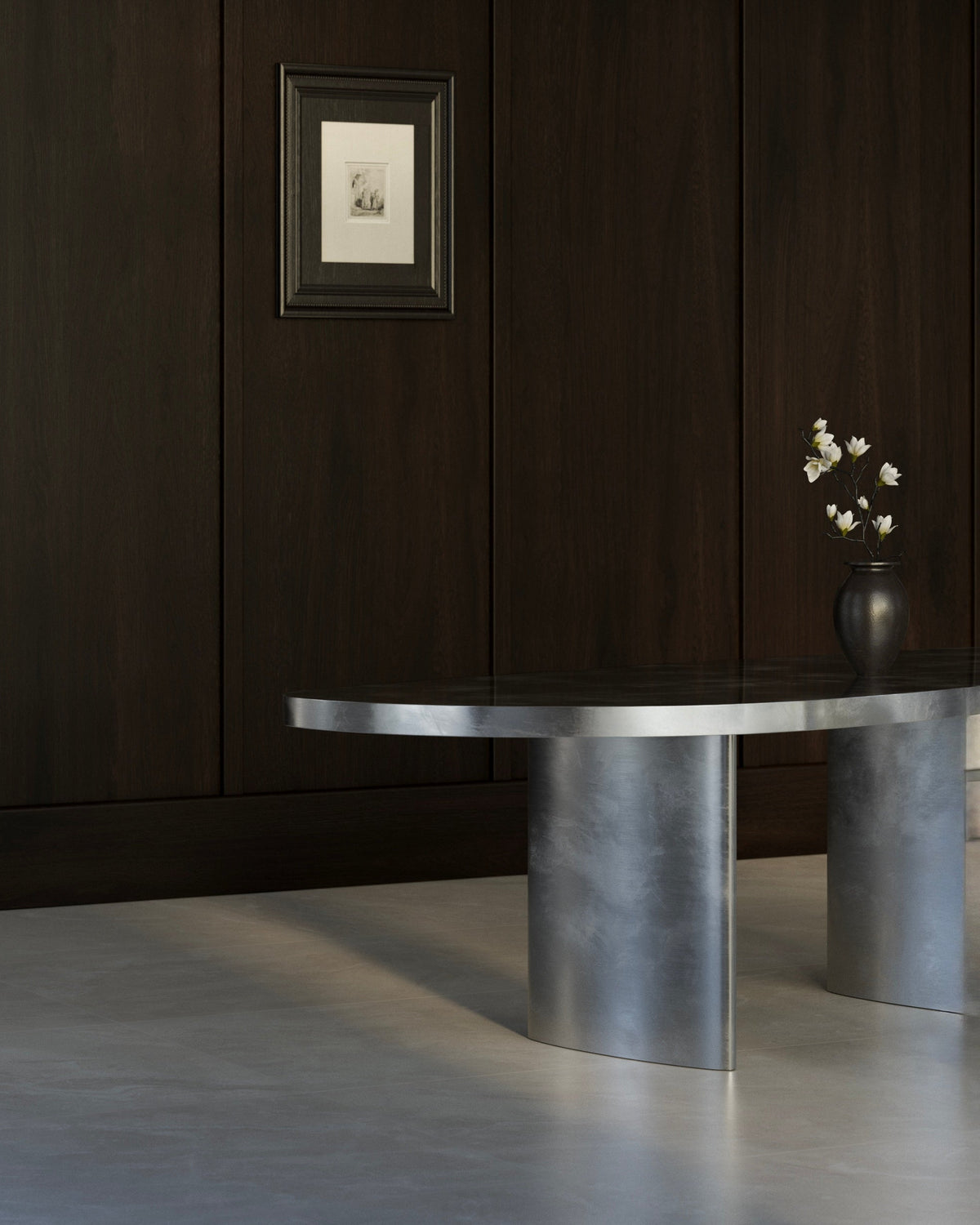 Contemporary Dining Table - Stainless Steel Collection — close-up of stainless steel surface in modern setting