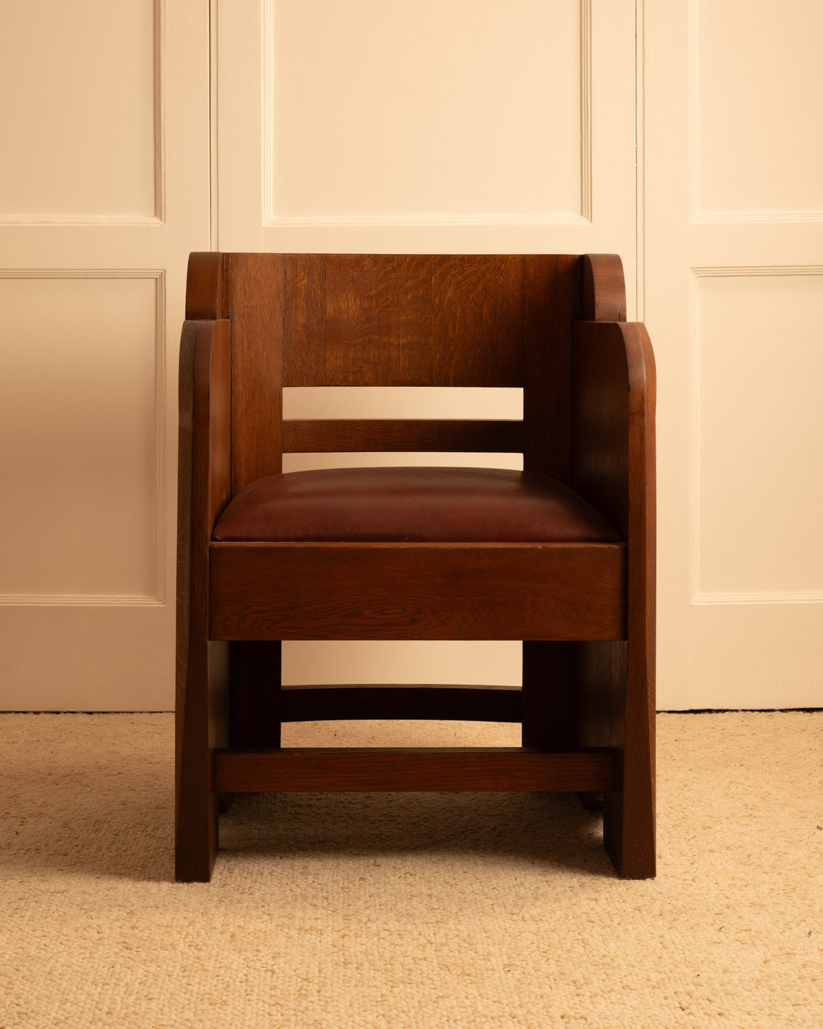 Anthroposophical walnut armchair stacked design detail view