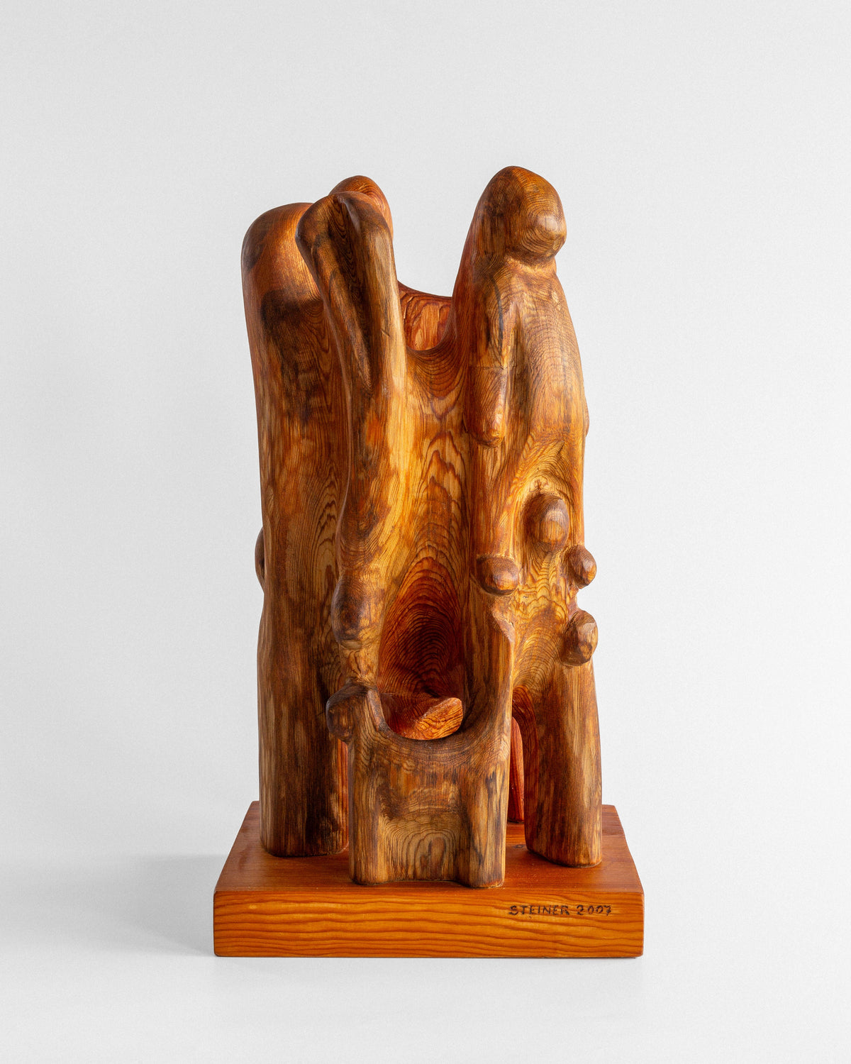 Large Wooden Sculpture by Jean-Maurice Steiner, 2007 — side angle highlighting rich wood grain
