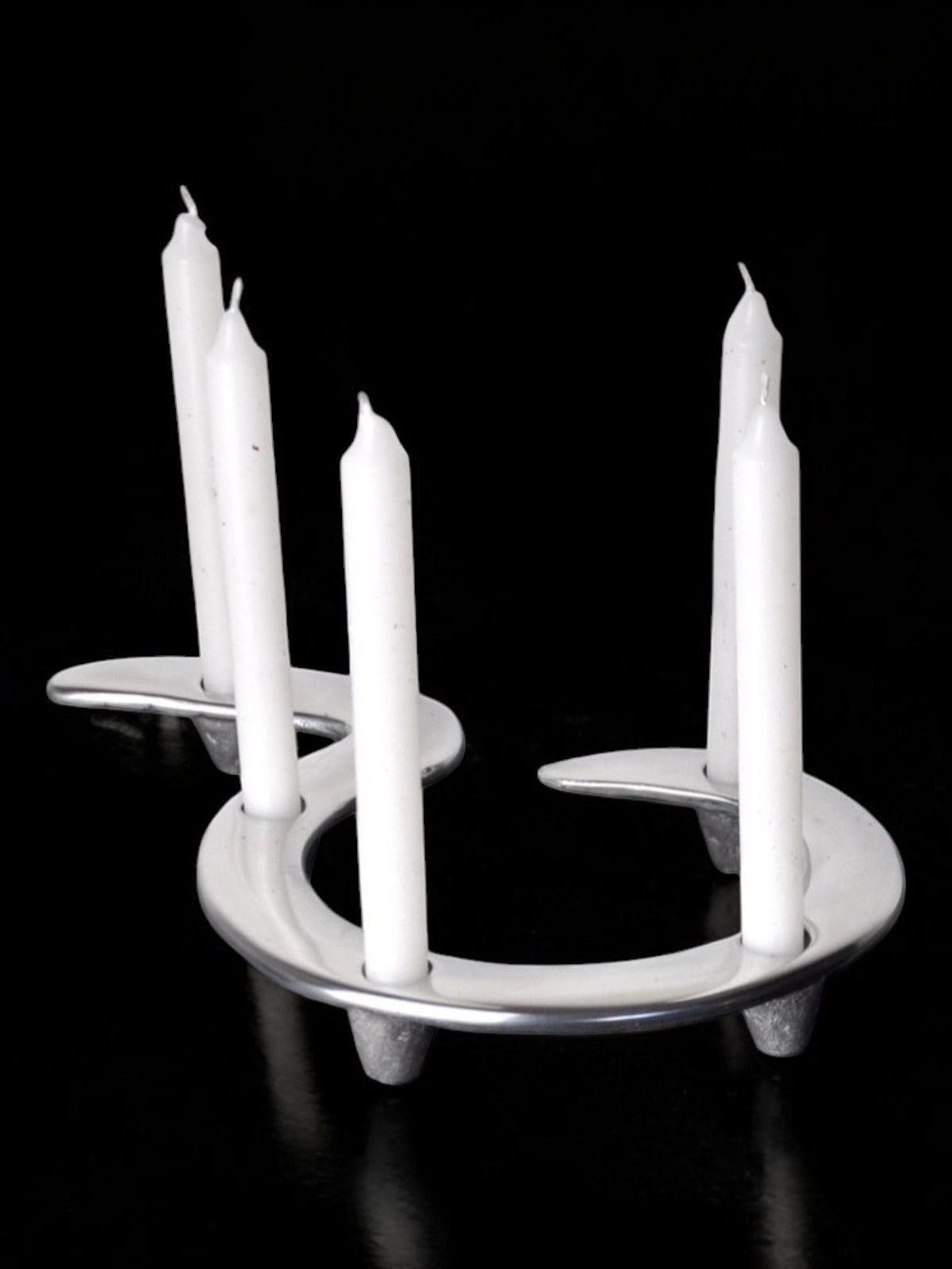 Hook Candleholder England 1980 — side angle with white ceramic and candles