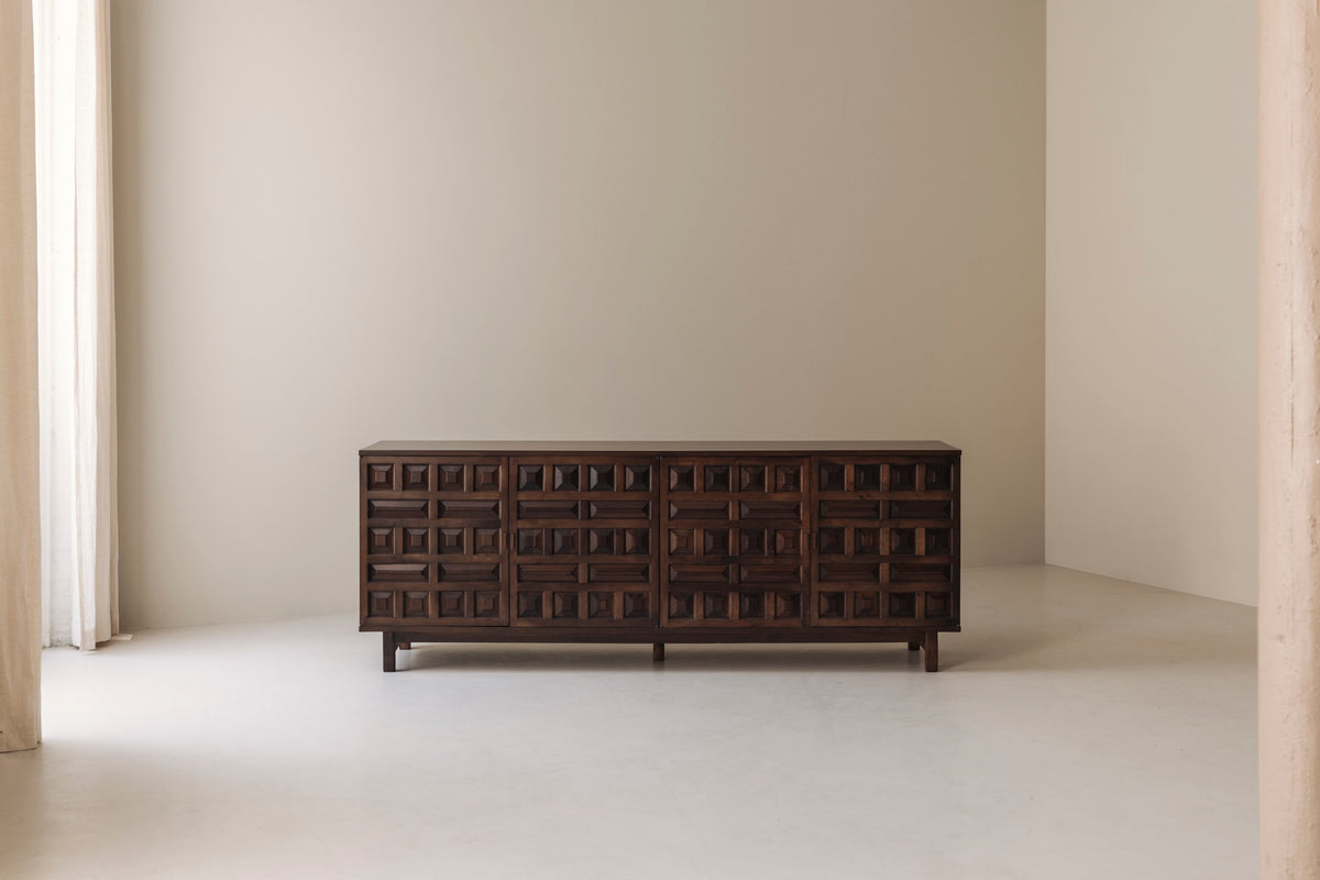 Brutalist Spanish Sideboard with Graphical Doors, 1970s — detail view