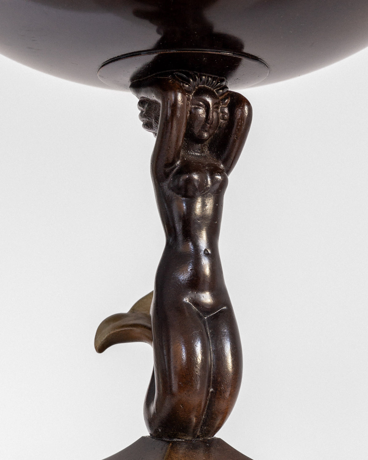 Bronze Art Deco bowl supported by carved mermaid figure detail