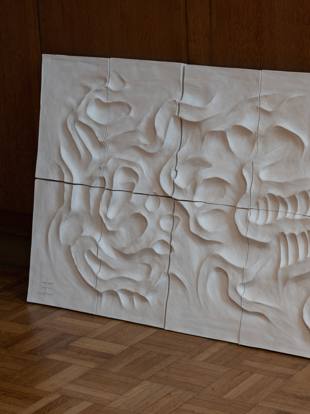Le Grand Blanc - Wall Sculpture — side view of textured white plaster surface