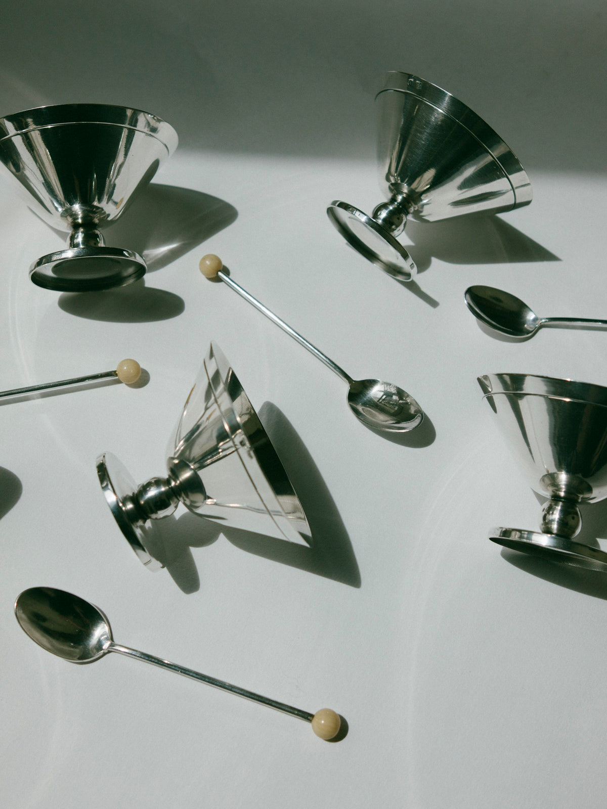 Set of 6 Art Deco Silver-Plated Ice Coupes with Beaded Spoons, France, c. 1930s — close-up