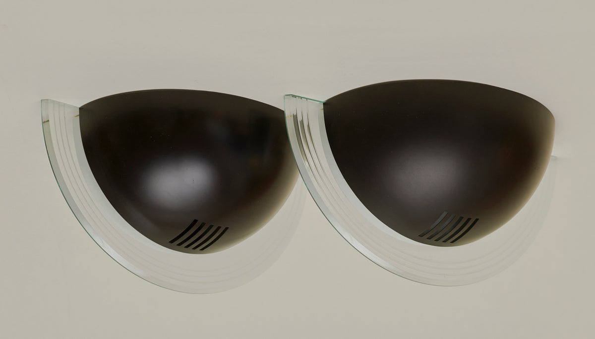 Set of 2 Vintage German Postmodern Wall Lights Circa 1980 — angled view showing black and glass design