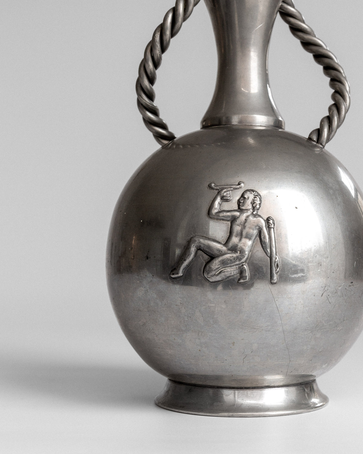 Art Deco Pewter Vase with Rope Handles, 1936 — side view highlighting detailed relief design