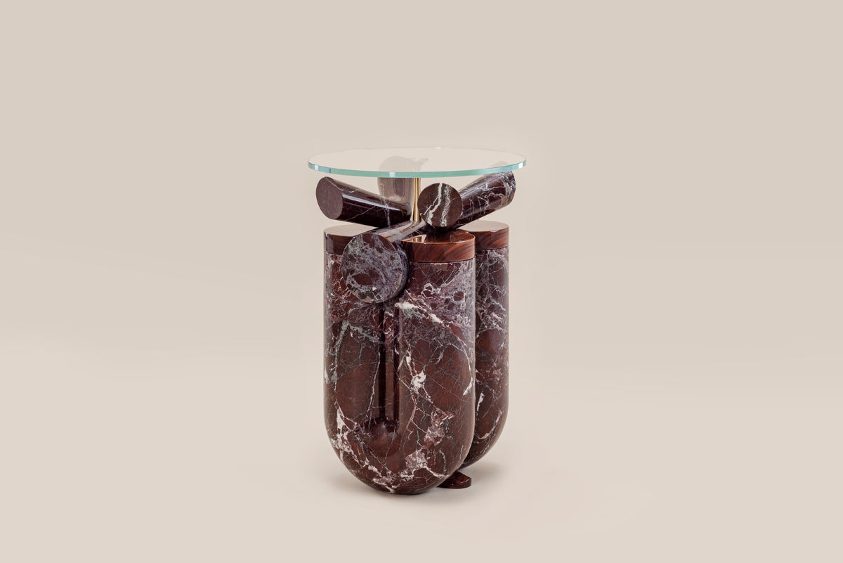 Ceti Side table — top view of polished marble and glass design