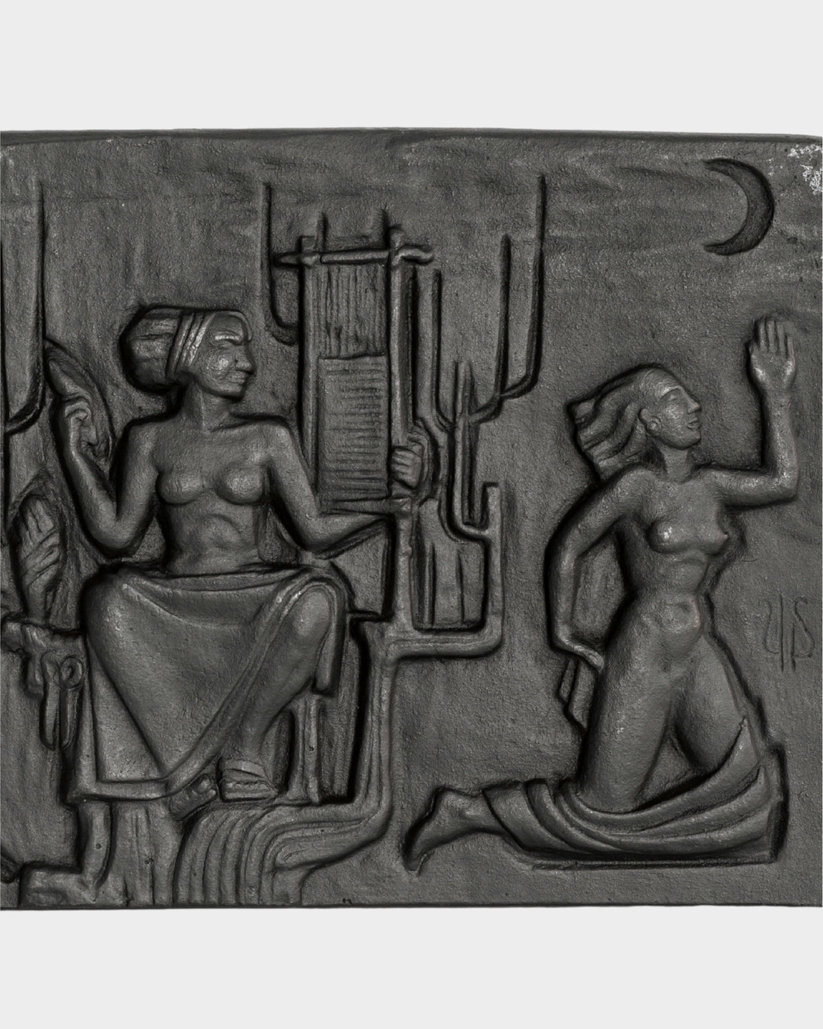 Cast iron relief depicting two seated women by Ulla Fogelklou-Skogh