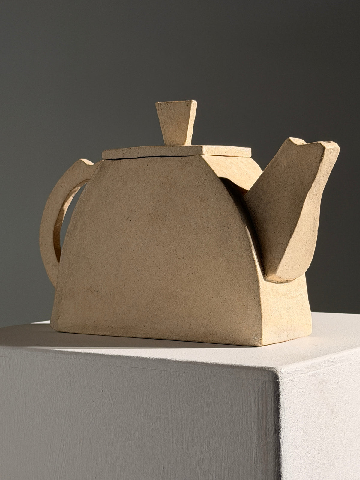 Geometric sculptural stoneware teapot, France, 1990 — detail view