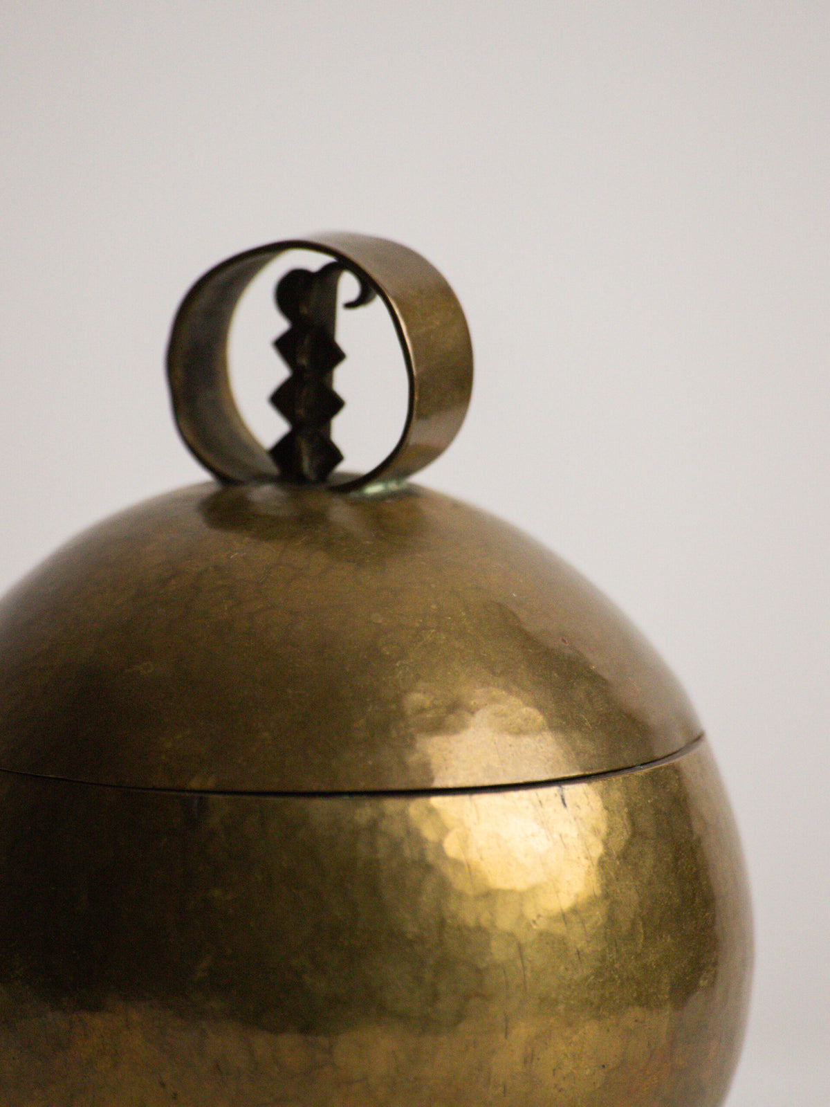 Hand Raised Brass Sphere Box with Toothed Zigzag Finial, Art Deco Style, Central European Workshop, circa 1930s — in context